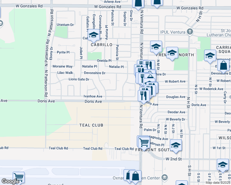 map of restaurants, bars, coffee shops, grocery stores, and more near 1821 Ivanhoe Avenue in Oxnard
