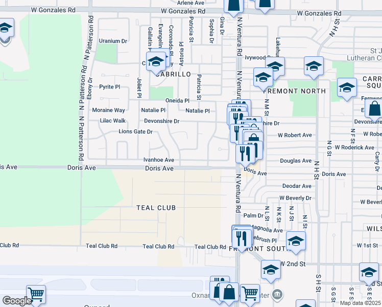 map of restaurants, bars, coffee shops, grocery stores, and more near 1921 Ivanhoe Avenue in Oxnard