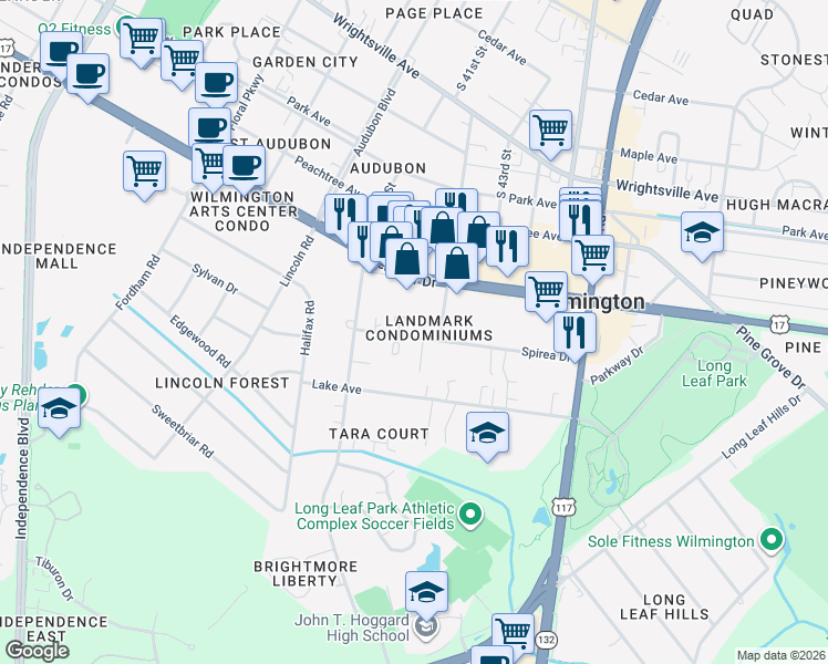 map of restaurants, bars, coffee shops, grocery stores, and more near 4186 Spirea Drive in Wilmington