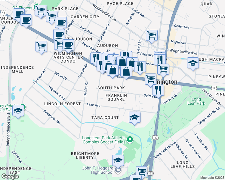 map of restaurants, bars, coffee shops, grocery stores, and more near 4186 Spirea Drive in Wilmington