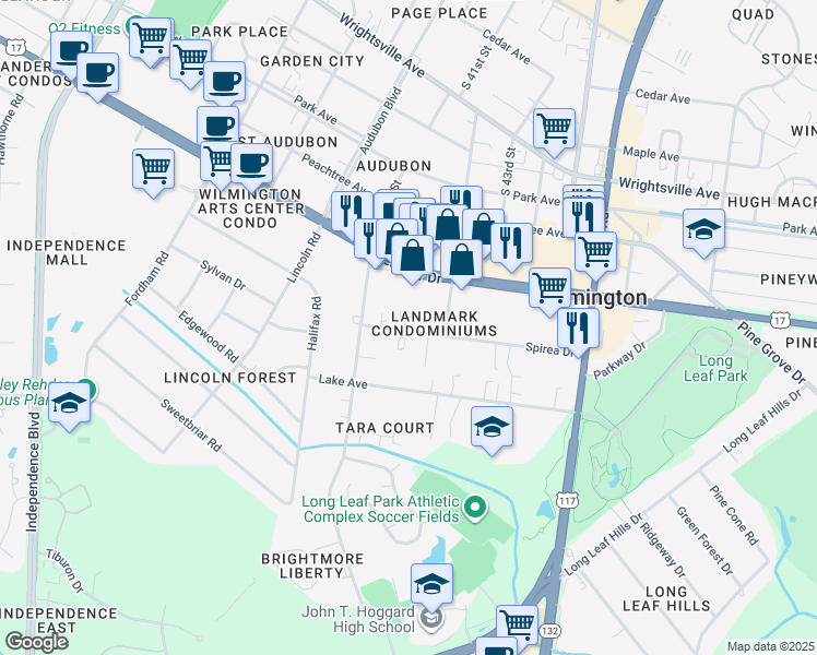 map of restaurants, bars, coffee shops, grocery stores, and more near 4186 Spirea Drive in Wilmington