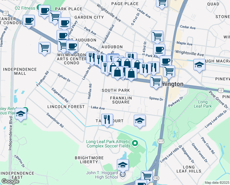 map of restaurants, bars, coffee shops, grocery stores, and more near 4186 Spirea Drive in Wilmington