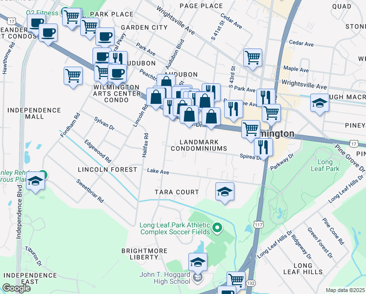 map of restaurants, bars, coffee shops, grocery stores, and more near 4108 Spirea Drive in Wilmington