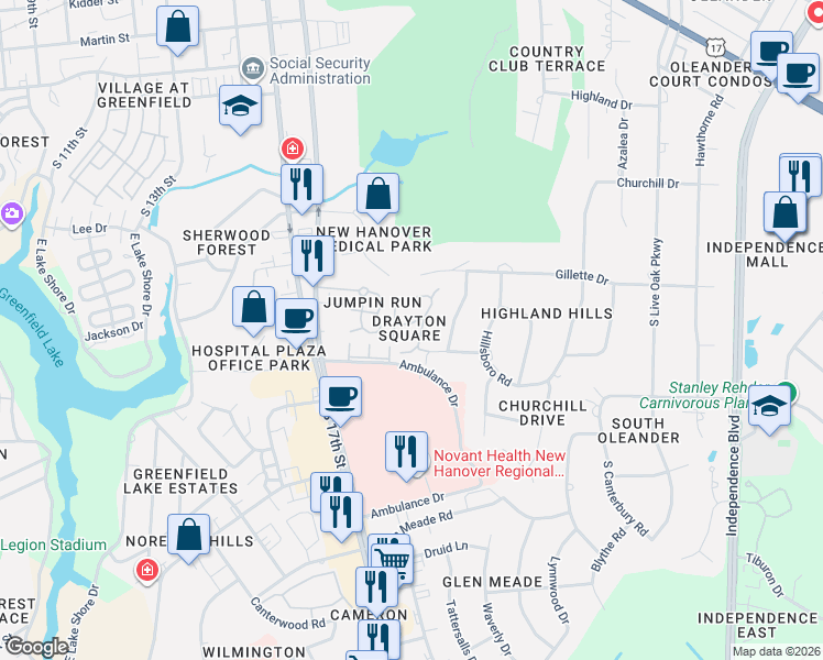 map of restaurants, bars, coffee shops, grocery stores, and more near 1899 Brewton Court in Wilmington