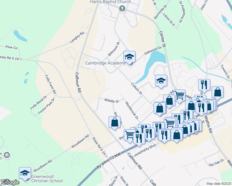 map of restaurants, bars, coffee shops, grocery stores, and more near 1701 Westbrook Drive in Greenwood