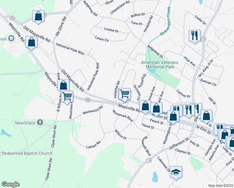 map of restaurants, bars, coffee shops, grocery stores, and more near 58 Hospital Road in Commerce