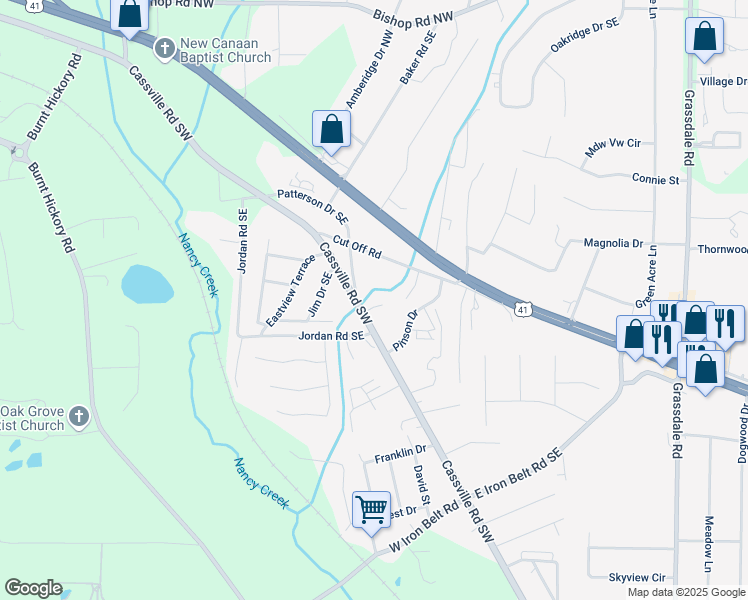 map of restaurants, bars, coffee shops, grocery stores, and more near 825 Cassville Road Southwest in Cartersville