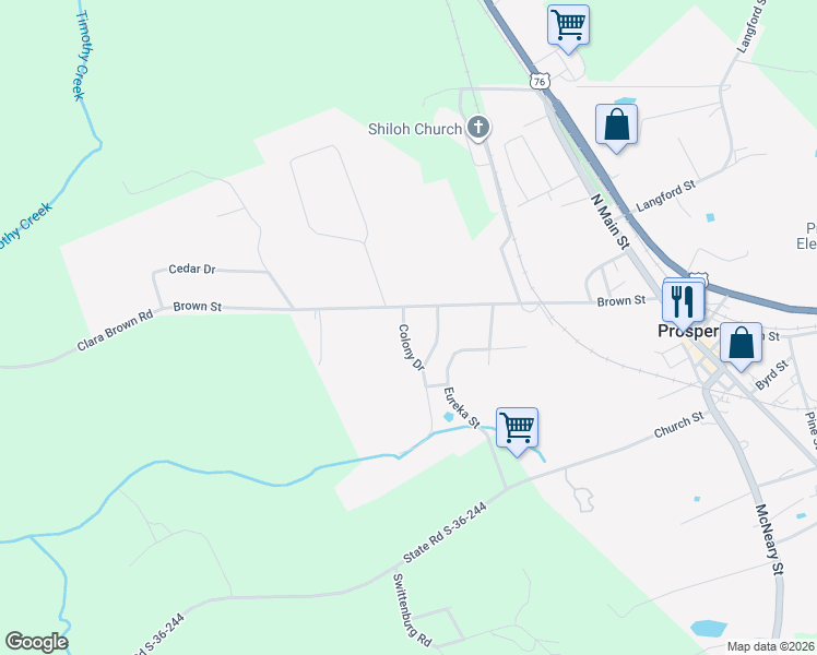 map of restaurants, bars, coffee shops, grocery stores, and more near 103 Colony Drive in Prosperity