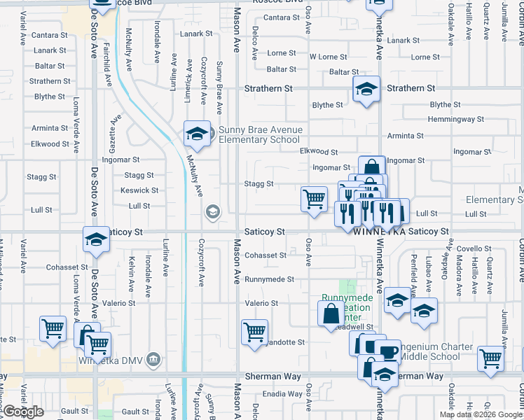 map of restaurants, bars, coffee shops, grocery stores, and more near 20420 Keswick Street in Los Angeles