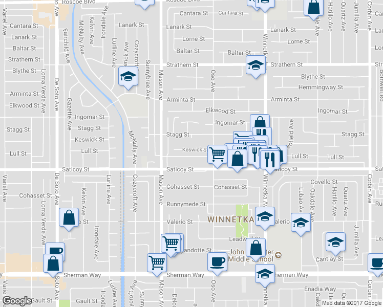 map of restaurants, bars, coffee shops, grocery stores, and more near 20352 Keswick Street in Los Angeles