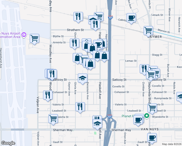 map of restaurants, bars, coffee shops, grocery stores, and more near 15725 Saticoy Street in Los Angeles