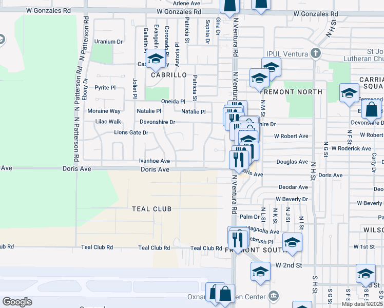 map of restaurants, bars, coffee shops, grocery stores, and more near 1821 Ivanhoe Avenue in Oxnard