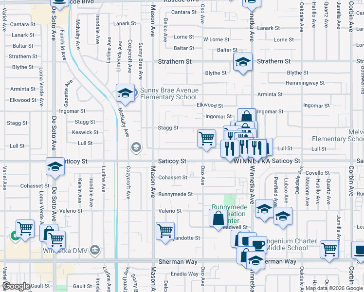 map of restaurants, bars, coffee shops, grocery stores, and more near 20352 Keswick Street in Los Angeles