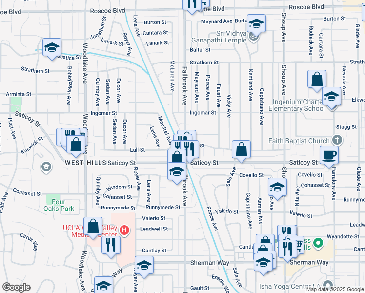 map of restaurants, bars, coffee shops, grocery stores, and more near 7635 Fallbrook Avenue in Los Angeles