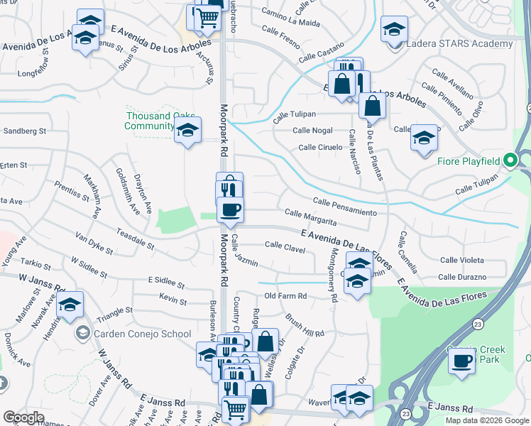 map of restaurants, bars, coffee shops, grocery stores, and more near 734 Calle Margarita in Thousand Oaks