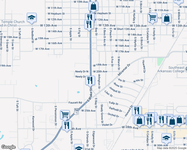 map of restaurants, bars, coffee shops, grocery stores, and more near 3820 West 20th Avenue in Pine Bluff