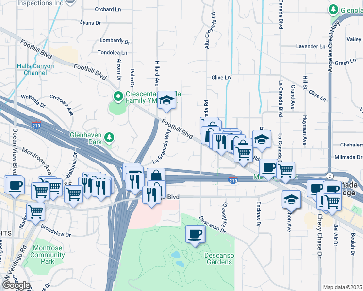 map of restaurants, bars, coffee shops, grocery stores, and more near 4402 El Camino Corto in La Cañada Flintridge