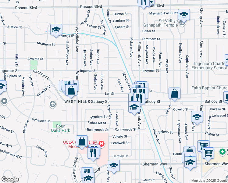 map of restaurants, bars, coffee shops, grocery stores, and more near 22939 Lull Street in Los Angeles