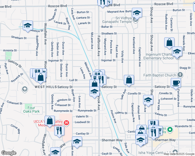map of restaurants, bars, coffee shops, grocery stores, and more near 7635 Fallbrook Avenue in Los Angeles
