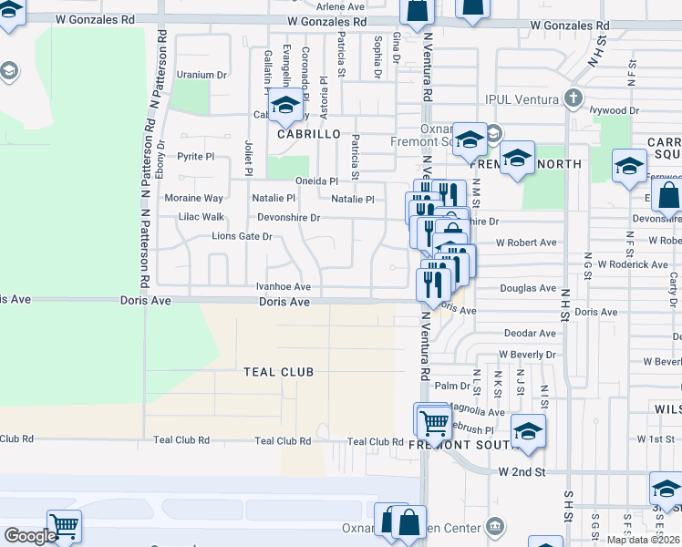 map of restaurants, bars, coffee shops, grocery stores, and more near 1921 Ivanhoe Avenue in Oxnard