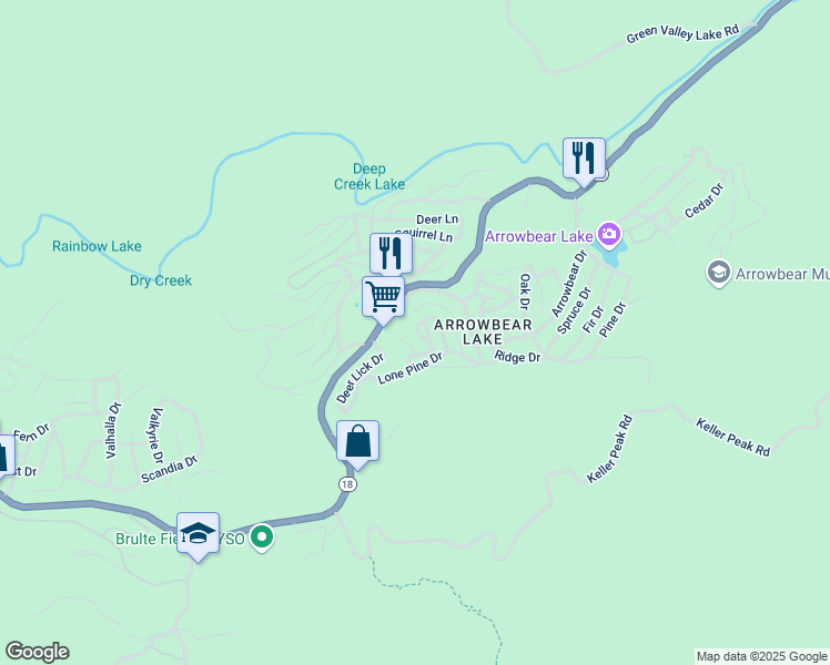 map of restaurants, bars, coffee shops, grocery stores, and more near Elko Drive in Running Springs