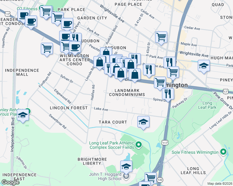 map of restaurants, bars, coffee shops, grocery stores, and more near 4143 Spirea Drive in Wilmington