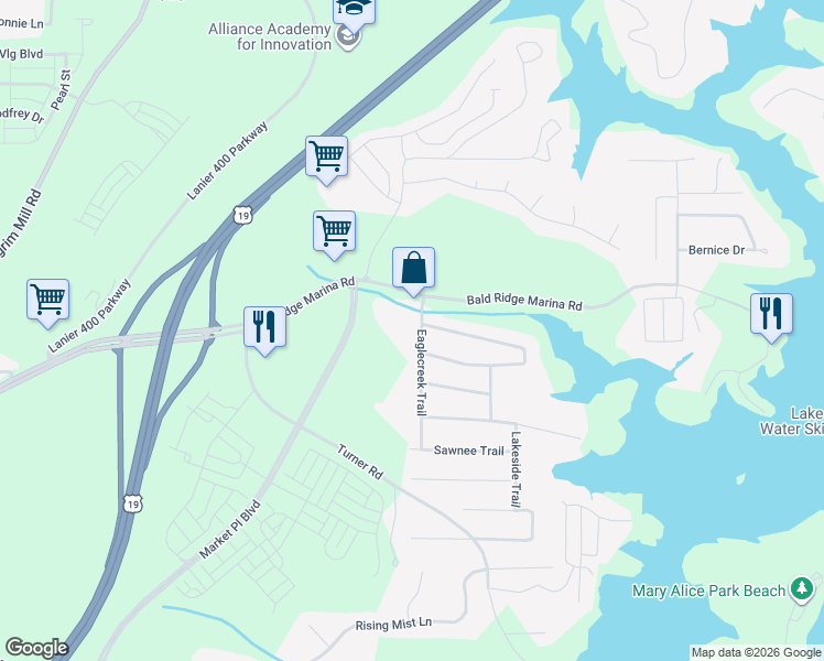 map of restaurants, bars, coffee shops, grocery stores, and more near 1450 Eaglecreek Trail in Cumming