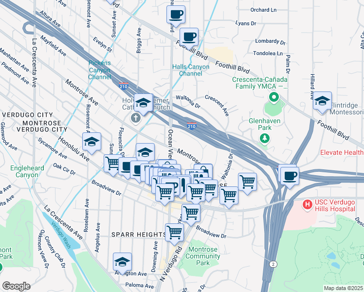 map of restaurants, bars, coffee shops, grocery stores, and more near 2249 Montrose Avenue in La Crescenta-Montrose