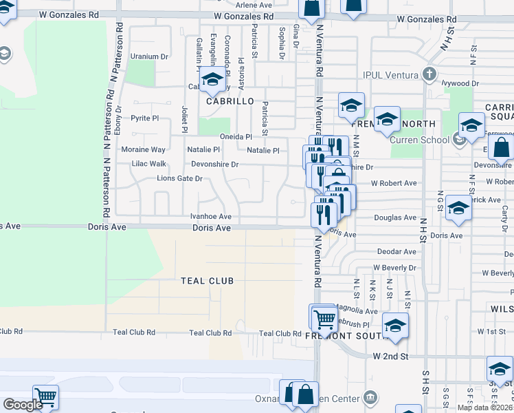 map of restaurants, bars, coffee shops, grocery stores, and more near 1921 Ivanhoe Avenue in Oxnard