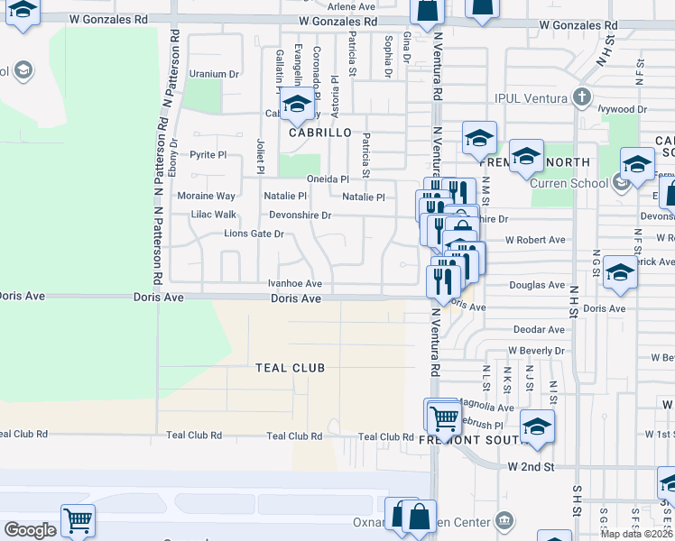 map of restaurants, bars, coffee shops, grocery stores, and more near 1921 Ivanhoe Avenue in Oxnard