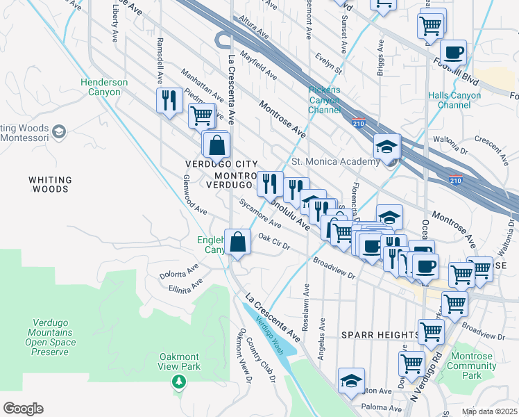map of restaurants, bars, coffee shops, grocery stores, and more near 2721 Sycamore Avenue in Glendale