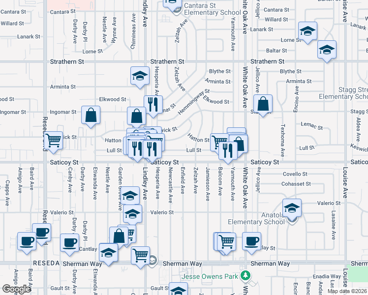 map of restaurants, bars, coffee shops, grocery stores, and more near 17924 Lull Street in Los Angeles