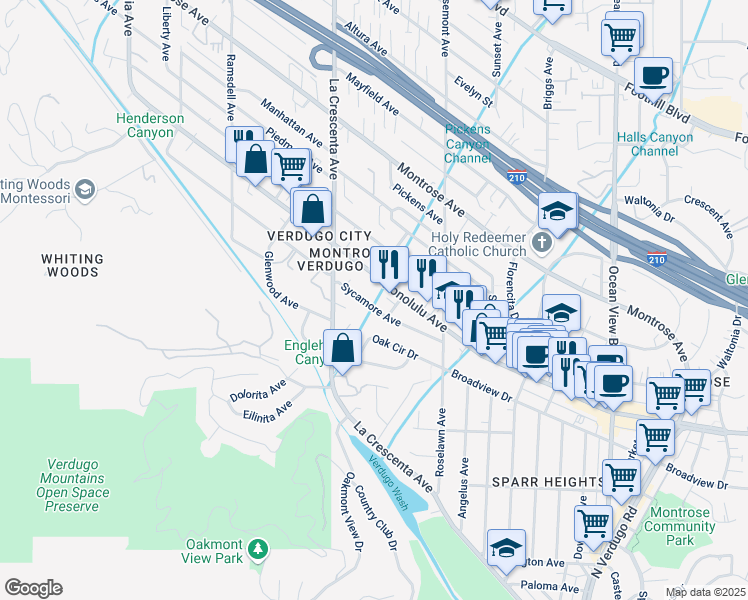 map of restaurants, bars, coffee shops, grocery stores, and more near 2721 Sycamore Avenue in Glendale