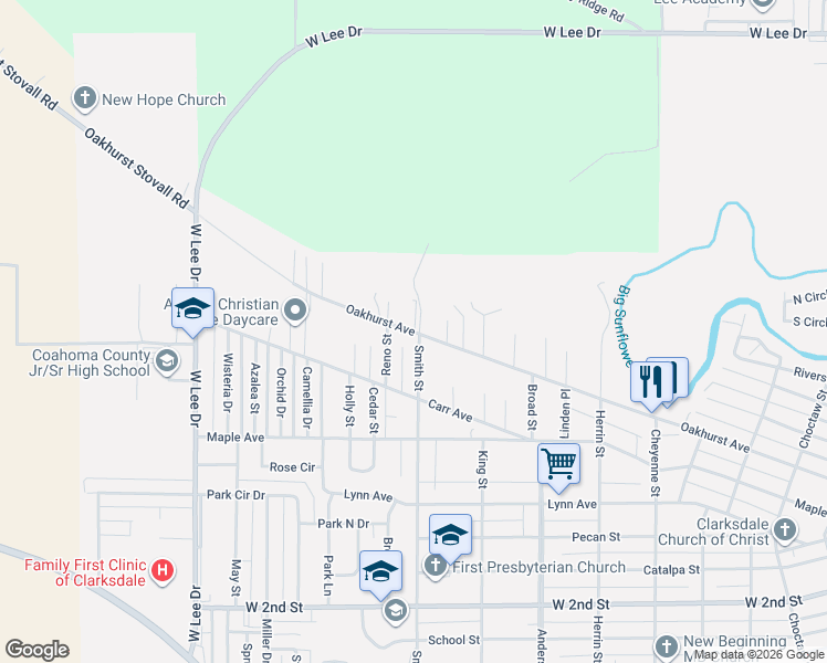 map of restaurants, bars, coffee shops, grocery stores, and more near 1637 Smith Street in Clarksdale