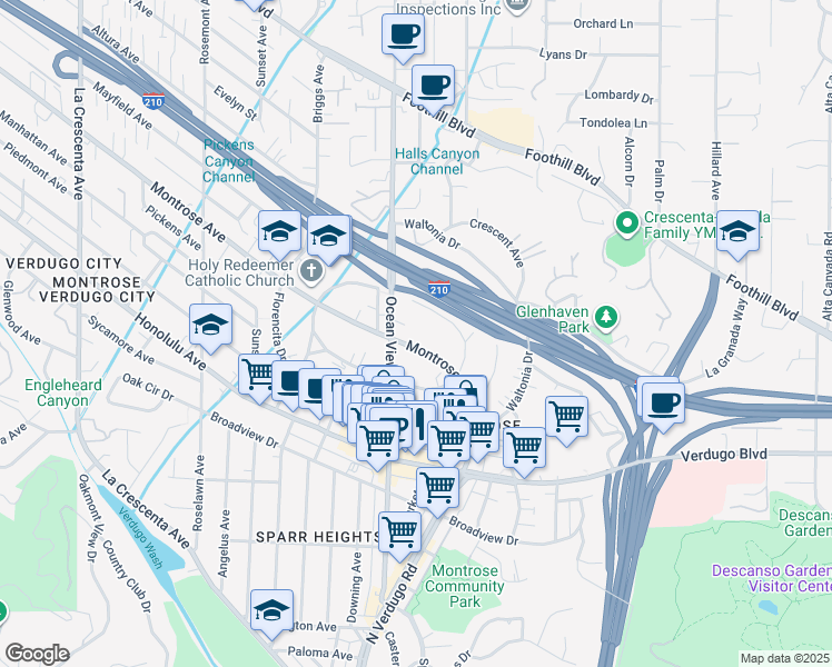 map of restaurants, bars, coffee shops, grocery stores, and more near 2249 Montrose Avenue in La Crescenta-Montrose