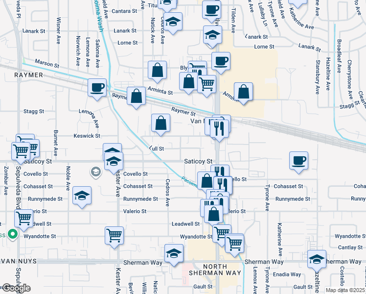 map of restaurants, bars, coffee shops, grocery stores, and more near 7640 Tobias Avenue in Los Angeles