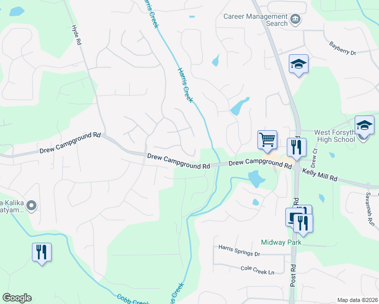 map of restaurants, bars, coffee shops, grocery stores, and more near 3730 Agard Street in Cumming