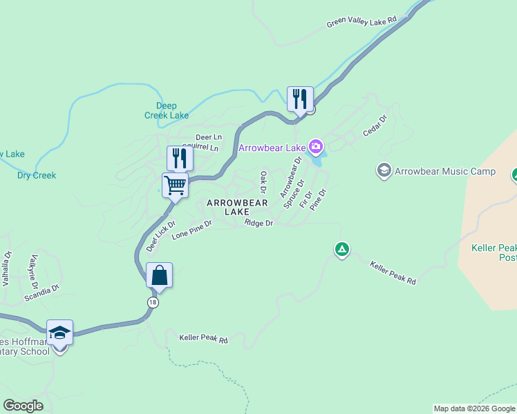 map of restaurants, bars, coffee shops, grocery stores, and more near 33101 Arrowbear Drive in Running Springs
