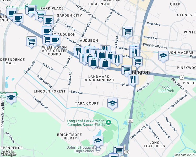 map of restaurants, bars, coffee shops, grocery stores, and more near 4186 Spirea Drive in Wilmington