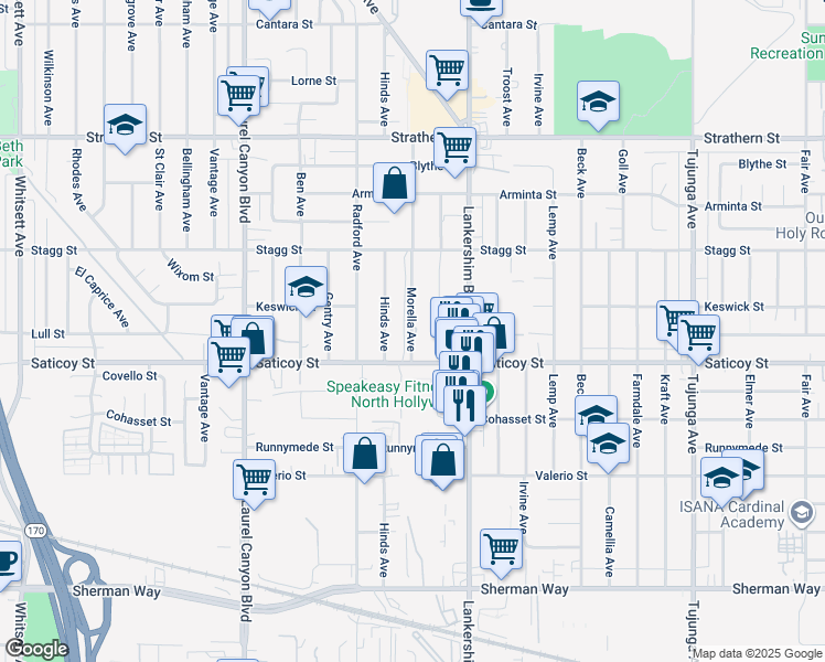 map of restaurants, bars, coffee shops, grocery stores, and more near 7612 Hinds Avenue in Los Angeles