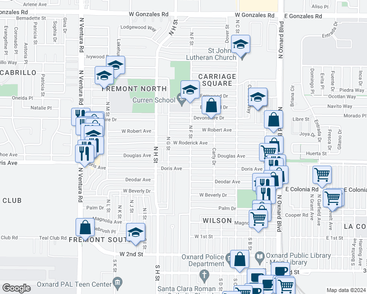 map of restaurants, bars, coffee shops, grocery stores, and more near 715 Douglas Avenue in Oxnard