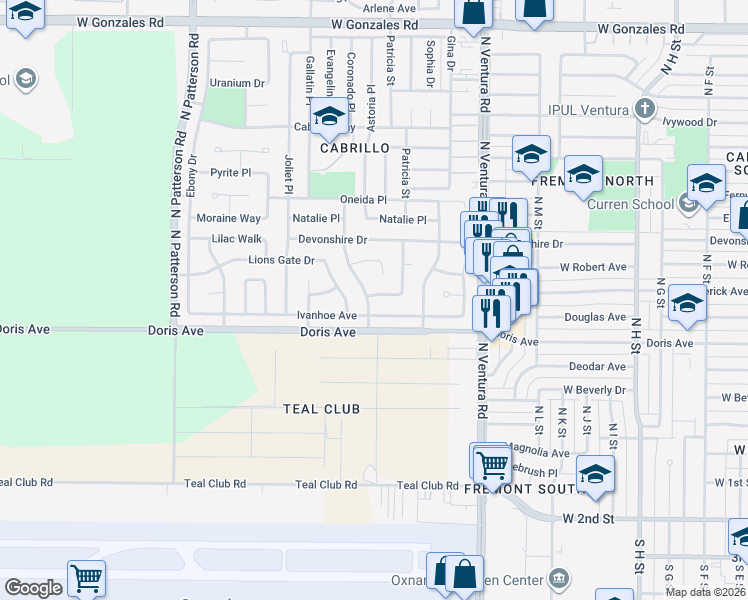 map of restaurants, bars, coffee shops, grocery stores, and more near 1921 Ivanhoe Avenue in Oxnard