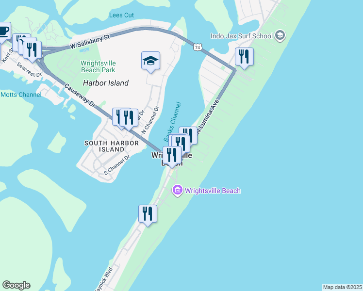 map of restaurants, bars, coffee shops, grocery stores, and more near in Wrightsville Beach