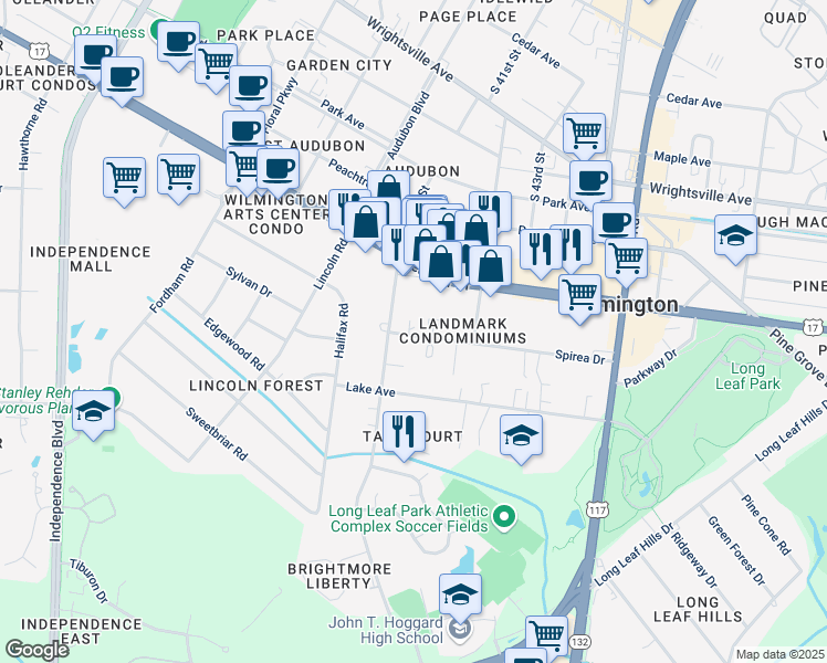 map of restaurants, bars, coffee shops, grocery stores, and more near 4108 Spirea Drive in Wilmington