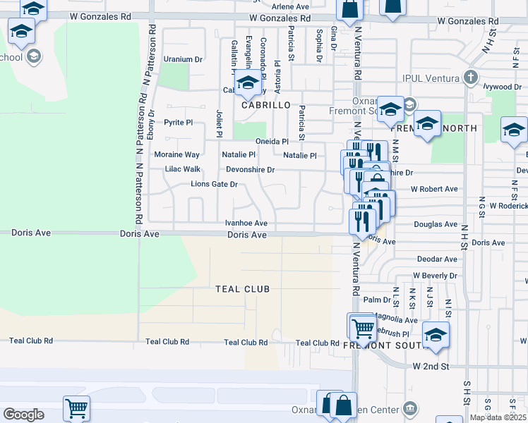 map of restaurants, bars, coffee shops, grocery stores, and more near 670 Lions Gate Drive in Oxnard
