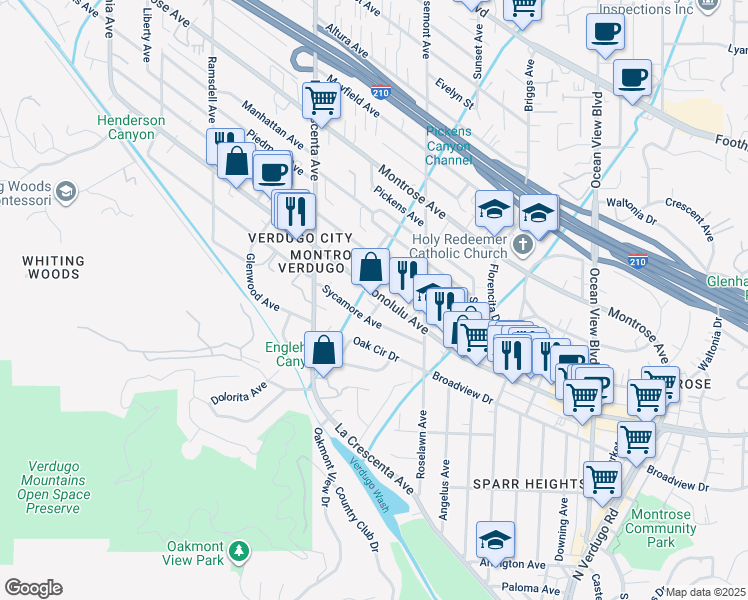 map of restaurants, bars, coffee shops, grocery stores, and more near 3703 Agner Avenue in Glendale