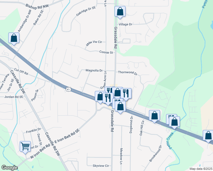 map of restaurants, bars, coffee shops, grocery stores, and more near 17 Green Acre Lane in Cartersville