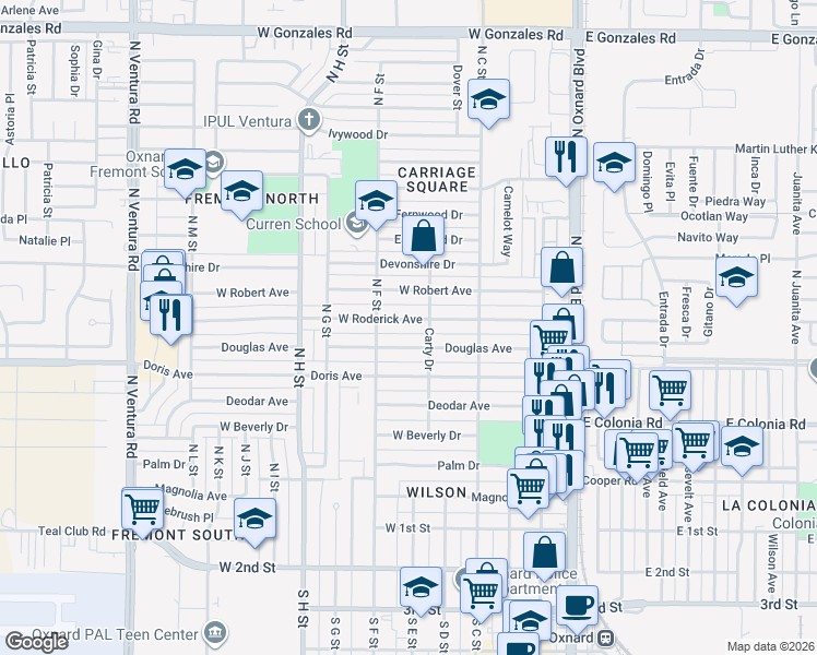 map of restaurants, bars, coffee shops, grocery stores, and more near 630 West Roderick Avenue in Oxnard