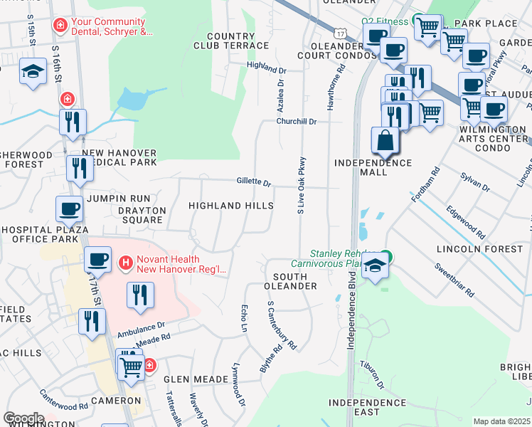 map of restaurants, bars, coffee shops, grocery stores, and more near 1924 Knollwood Drive in Wilmington