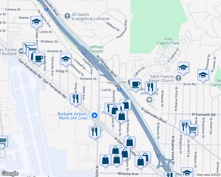 map of restaurants, bars, coffee shops, grocery stores, and more near 9913 Lull Street in Burbank